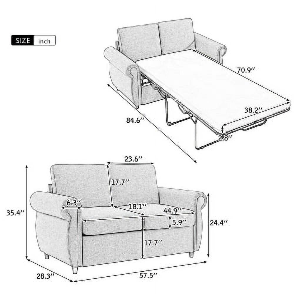 Leumius Linen Sofa Couch with Pull Out Sofa Bed, Twin Size Memory Mattress Sofa Bed, Gray