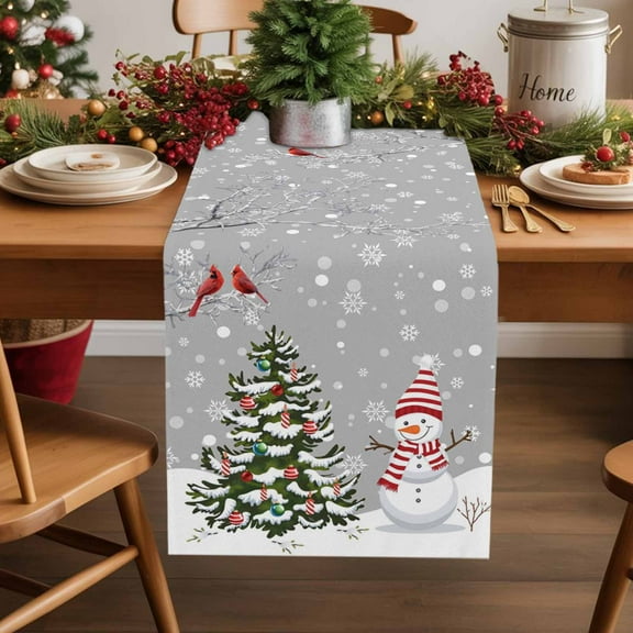 Grey Snowman Christmas Cotton Linen Small Table Runner 13 x 60 inch Xmas Tree Ball Winter Snowflake Branches Non-slip Rectangular Dining Table Decor for Wedding Party Holiday Dinner