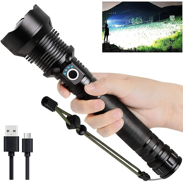 Linternas LED recargables de alto lúmenes, 90000 lúmenes, linterna impermeable con zoom súper brillante con baterías incluidas y 3 modos, potente linterna de mano para emergencias de campamento