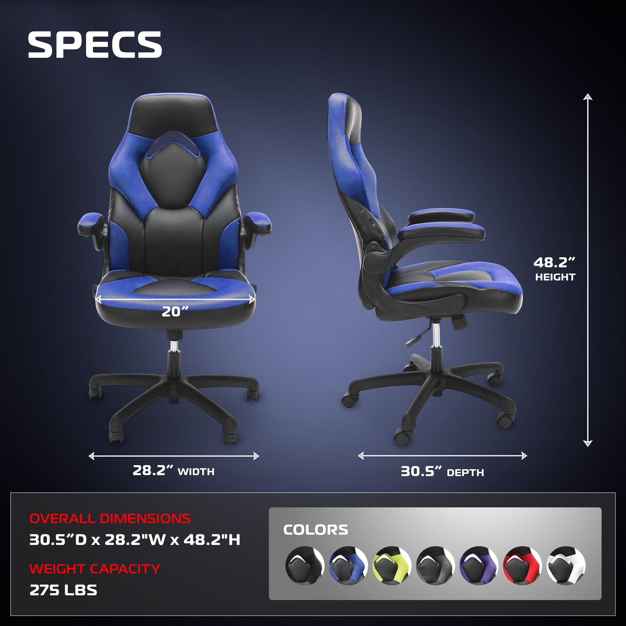 RESPAWN 3085 Ergonomic Gaming Chair for Adults, High Back Office Chair with Headrest and Flip Up Arms, Leather Racing Style Gaming Seat with Lumbar Support, Video Game Computer Desk Seat - Blue