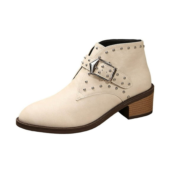 Xfvqtps Buckle Strap Ankle Boots for Women Chunky Heel Pointed Toe Chelsea Boots with Studded Accents Slip on Comfortable Fashion Winter Shoes Beige