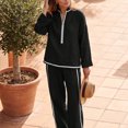 thumbnail image 4 of Szluipve Linen Sets for Women 2 Piece Half Zip Stand Collar 2 Piece Outfits Long Sleeve Contrast Piping Top & High Waist Wide Leg Pants Casual Linen‑Look Matching Set with Pockets Black 2XL, 4 of 5