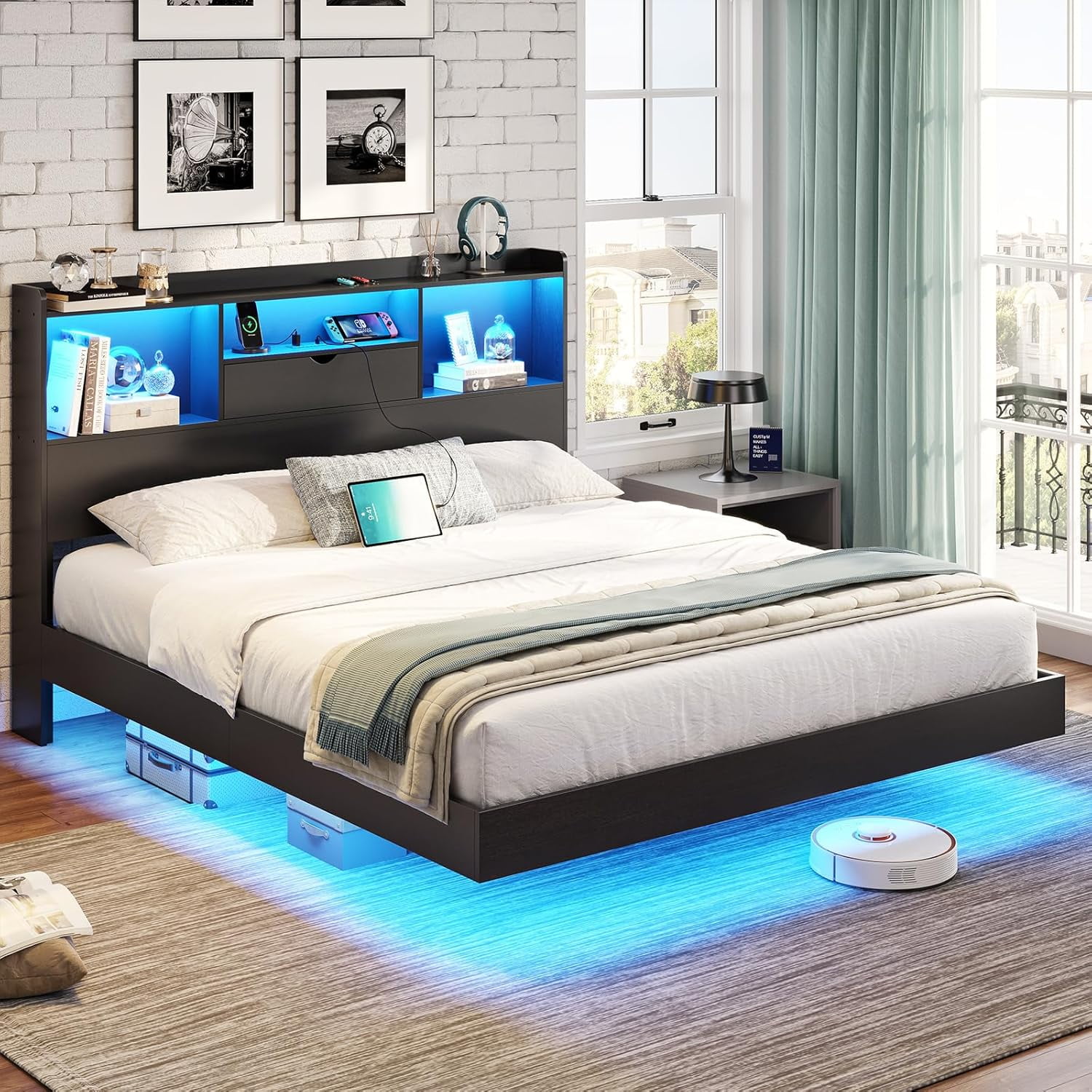 Aunfebrco Floating Bed Frame Queen Size with Storage Headboard Queen Metal Platform Bed with LED Lights & Charging Station, No Box Spring Need, Black