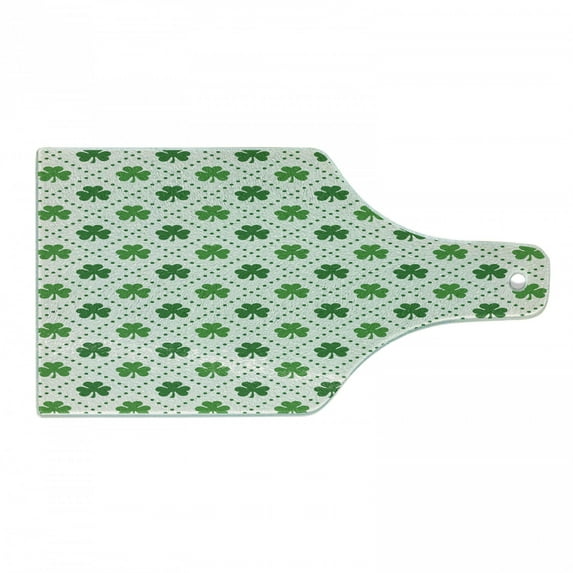 Irish Cutting Board, 4 Leaf Shamrock Clover Flowers Dotted Dashed Lines National Culture Art, Decorative Tempered Glass Cutting and Serving Board, Wine Bottle Shape, White Green, by Ambesonne