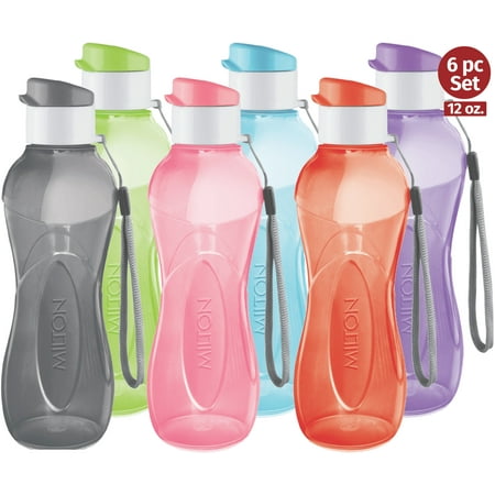 MILTON Water Bottle Kids Reusable Leakproof 12 Oz Plastic Wide Mouth Large Big Drink Bottle BPA & Leak Free with Handle Strap Carrier for Cycling Camping Hiking Gym Yoga - Set of