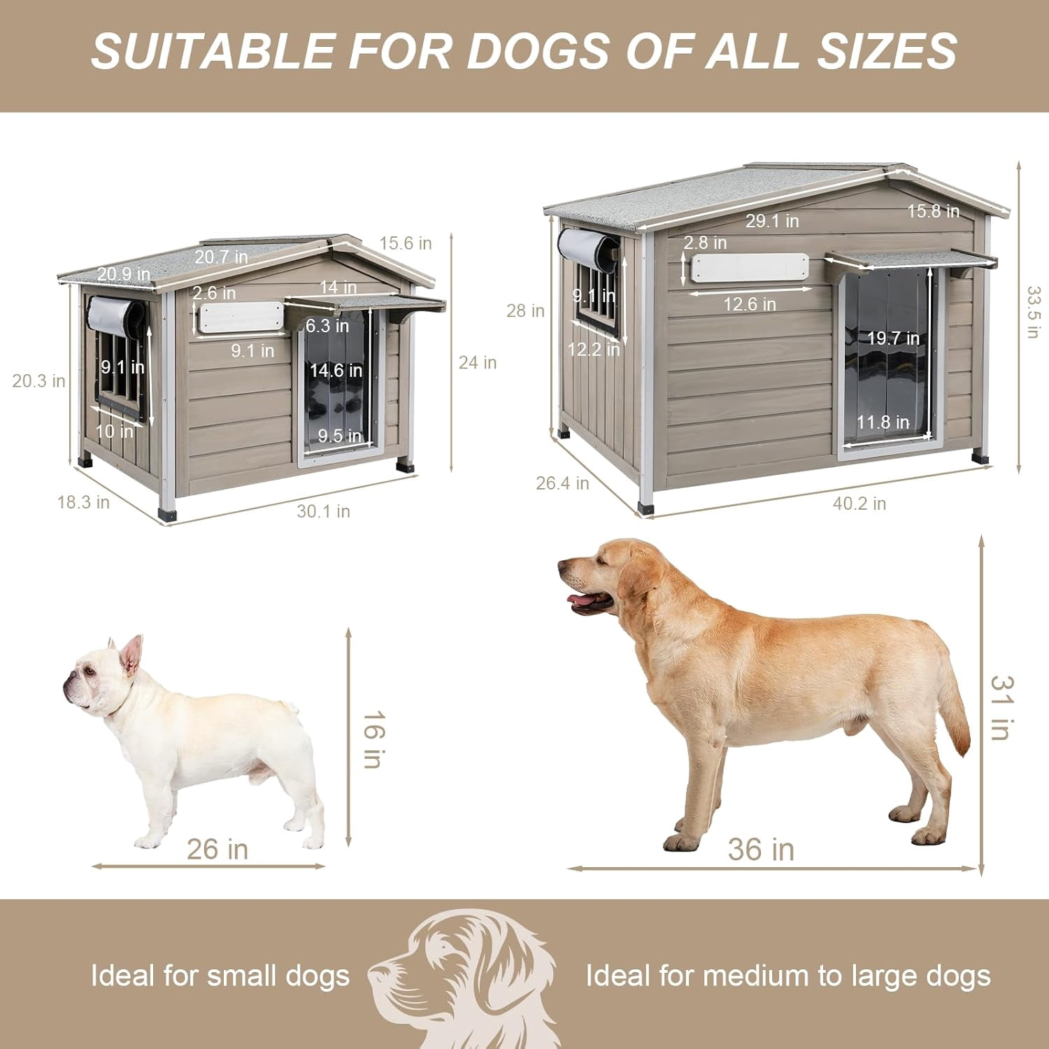 Gowoodhut Outdoor Dog House with Chew-Proof Iron Frame, Wooden Dog Kennel Weatherproof for Large and Medium Dog, 40.2" L x 26.4" W x 33.5" H
