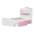 thumbnail image 6 of Solid and Stable Twin Size House-Shaped Wooden Bed with Storage Shelf On The Headboard, Built-In Two Storage Drawers (Pink), 6 of 12