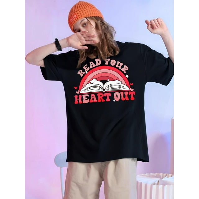 Read Your Heart Out Book Rainbow Valentine Reading Teacher T-ShirtFather's Day, Mother's Day, New YeCamisetas para mujer, lindas camisetas con estampado gráfico, de manga corta, estilo casual, para ve