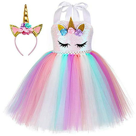 O'COCOLOUR Unicorn Dress for Girls Halloween Costume with Unicorn Headband Kid Birthday Gifts Holiday Role Play,Size 5-6