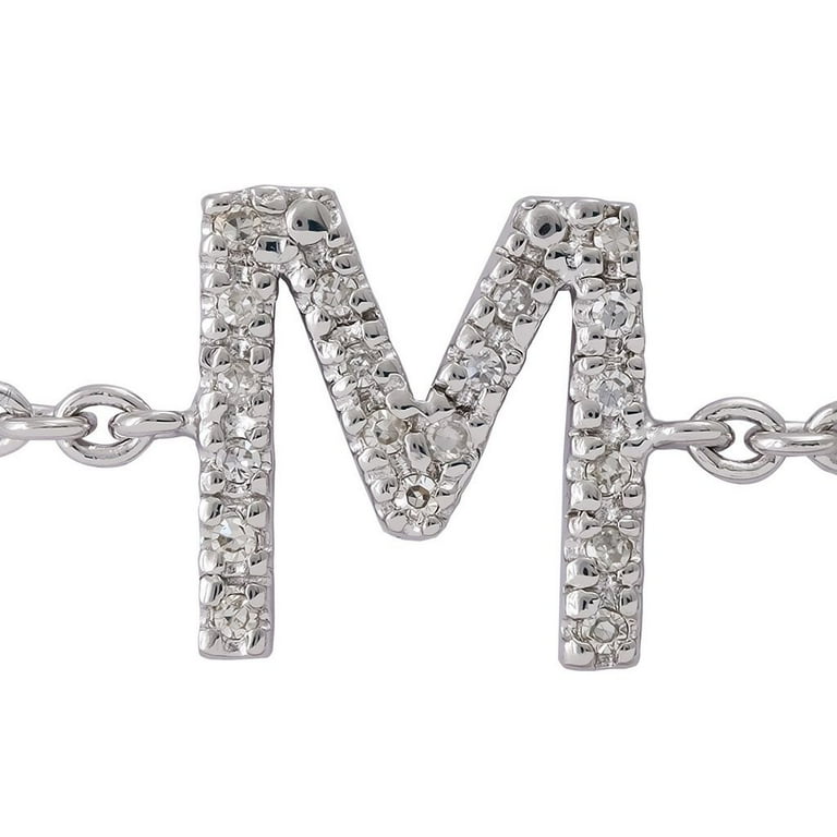 Sterling Silver Letters Single Micro Pave Diamond Bracelet (Silver Diamond J Initial Bracelet 7+1)