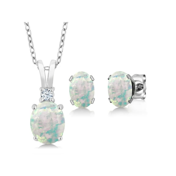 Gem Stone King 925 Sterling Silver Oval Cabochon White Simulated Opal Pendant and Earrings Jewelry Set for Women (2.36 Cttw, with 18 inch Silver Chain)