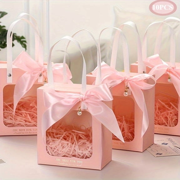 10pcs Charming Medium Pink, Green, White Bow Gift Bags with Handles and Window,  Paper Gift Boxes for Presents, Perfect for Valentine's Day, Wedding, Birthday, Teacher's Day, Christmas