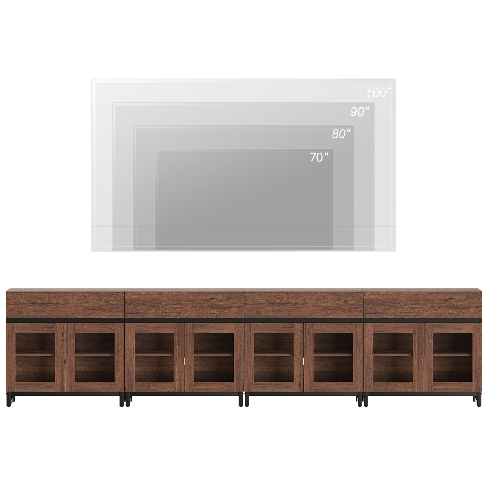 Modern 4-in-1 Modern TV Stand with Glass Doors & 4 Drawers, Reinforced Metal Base Entertainment Center, Stable Media Console for 120 Inch TVs, Bedroom Living Room, Brown