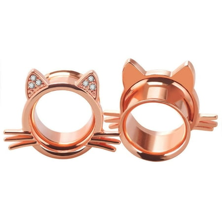 Clear Double Flare - Ear Plugs Cat design with Clear Round Cubic Zirconia Double Flare Ear Tunnels 2G