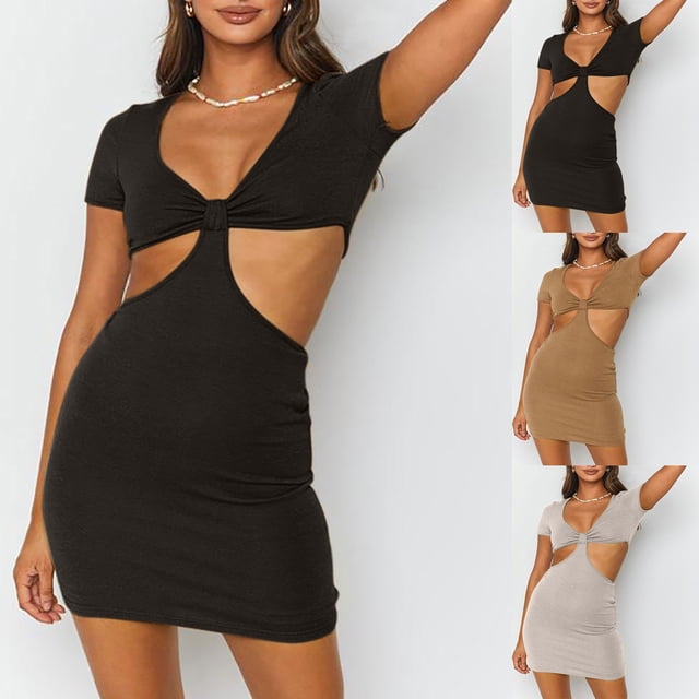 Gspmoly Robes pour Femmes Grande Taille, Robe Moulante à Manches Courtes Décontractée et Ajourée Unie pour Femmes, Robe de Cocktail Offres