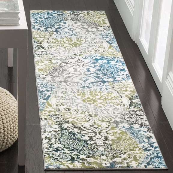 SAFAVIEH Watercolor Daven Abstract Colorful Runner Rug, Ivory/Peacock Blue, 2'3" x 10'