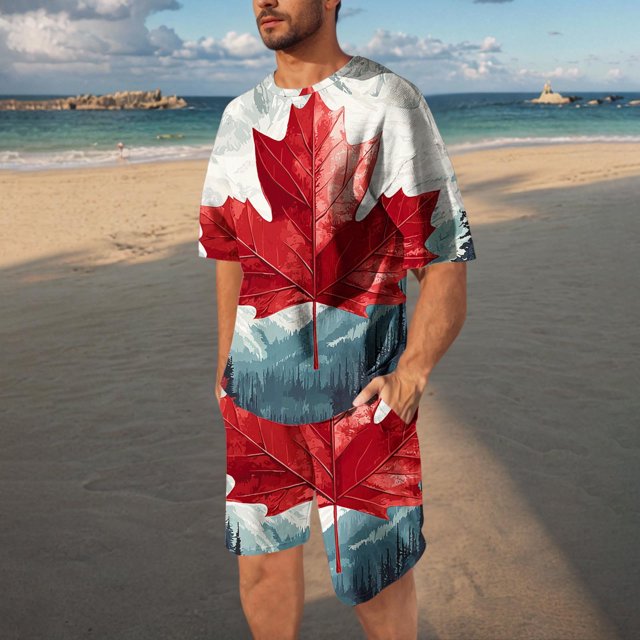 Weiqiqre Drapeau du Canada Tee-Shirt à Manches Courtes pour Hommes T-Shirt Classique Imprimé Col Rond Ensemble Chemises et Shorts