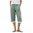 thumbnail image 2 of Cagogo Womens Capri Pants Cotton Linen Elastic Waist Striped Casual Loose Fit High Waisted Cropped Pants with Pockets Beach Vacation Summer Trousers Flowy Lounge Outfits, Green M, 2 of 6