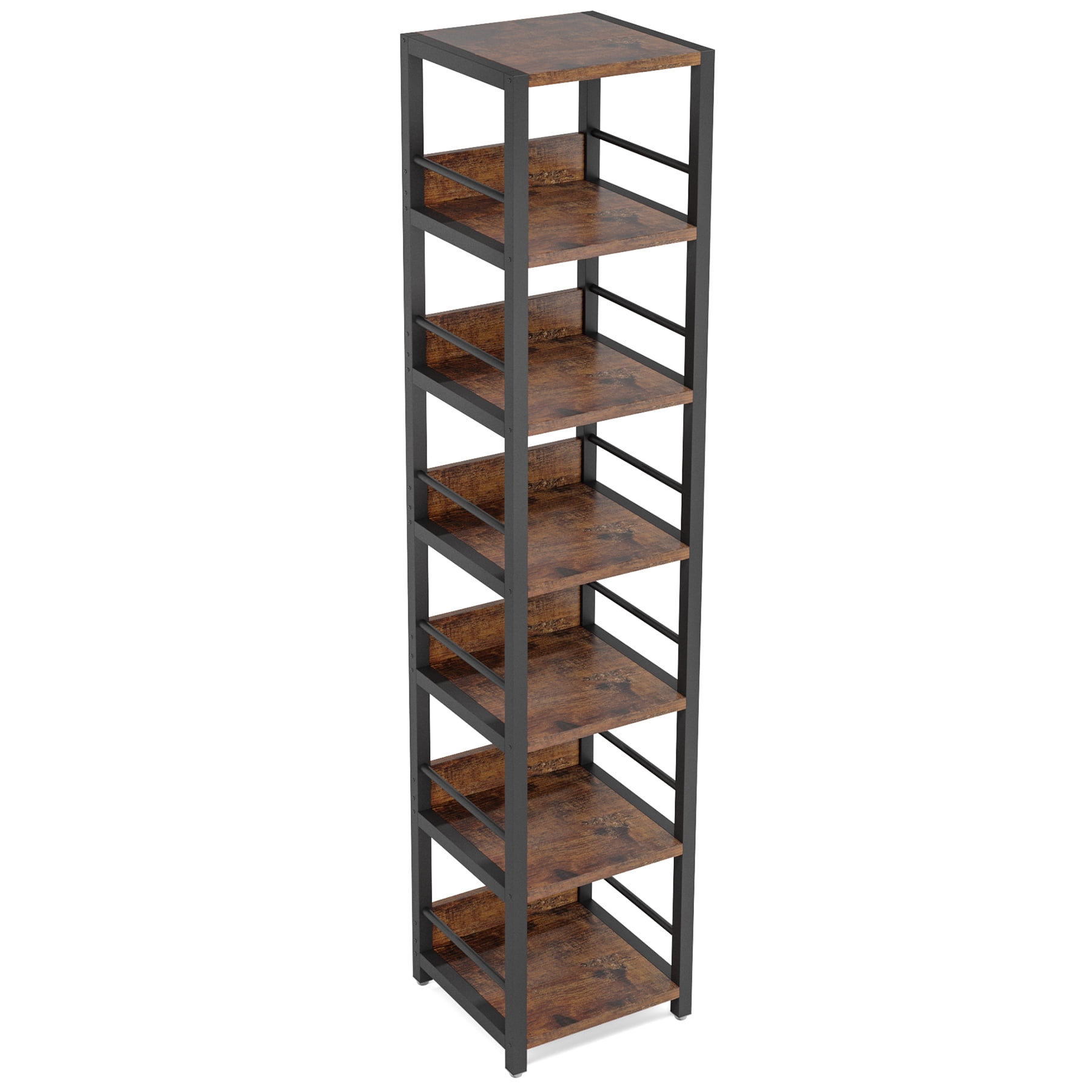 Fnova 75" 6-Tier Corner Bookshelf, Tall Narrow Rustic Wood Open Storage Rack, Square Bookcase Display Stand for Small Spaces in Living Room, Bathroom