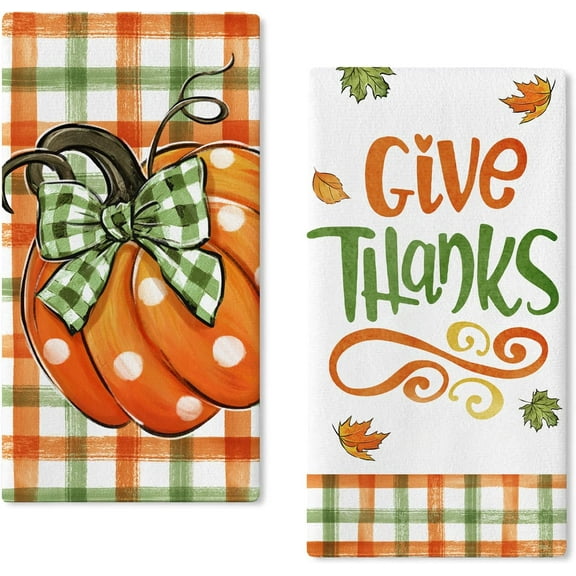 Thanksgiving Give Thanks Pumpkin Kitchen Dish Towels Set of 2, Fall Buffalo Plaid Check Bow Hand Towels Drying Baking Cooking Cloth, Autumn Maple Leaves Farmhouse Home Kitchen Decor 18x26 Inch