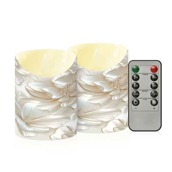 2 PCS Tilted Flameless Candles Flickering LED Lights Battery Operated Candles with Remote Timers for Holiday Decor 3d Beige Floral