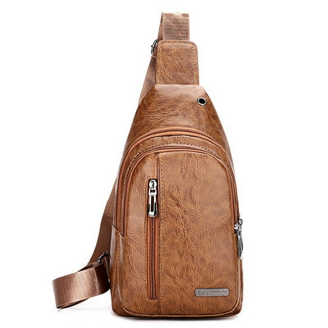 WRKEKC Sac de Poitrine en Cuir PU pour Hommes en Liquidation, Sac Bandoulière Réglable pour Randonnée, Camping Ou Trajets, Multiples Poches avec Trou pour Écouteurs