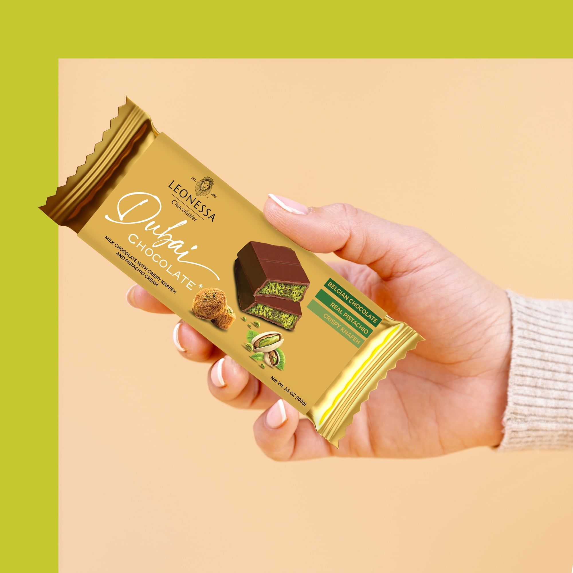 Leonessa Dubai Chocolate Bar with Pistachio Kunafa, Made with Belgian Chocolates, 3.5 oz 2-Pack