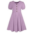 thumbnail image 6 of BRGZLK Girls Summer Dresses Trendy Solid Color Round Neck Puff Sleeve A-Line Dress Casual Comfortable Holiday Midi Dress Purple 7-8 Years, 6 of 7