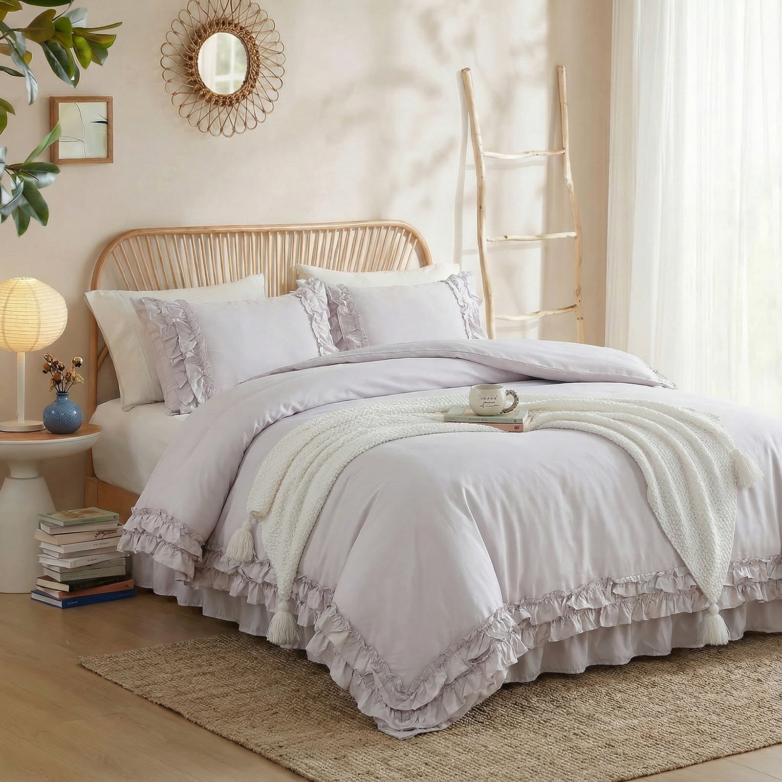 100% Cotton Ruffled Comforter Set Queen, White Shabby Chic Farmhouse Bedding Set French Country Cute Comforter Set