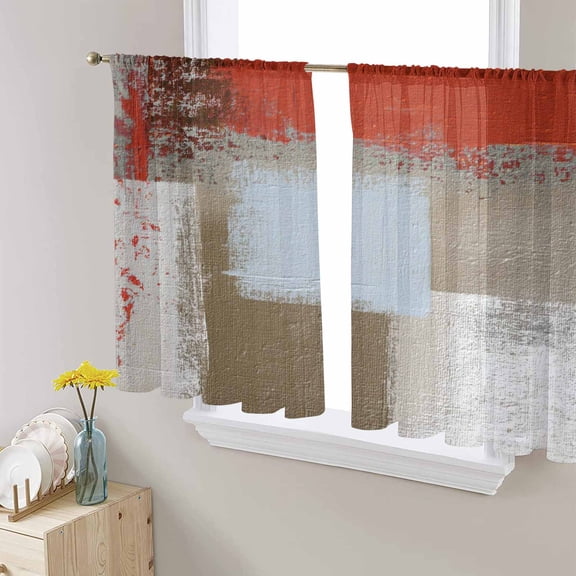 Red Brown Sheer Curtains 54 Inches Length 2 Panels Set, Window Sheer Curtains for Living Room/Bedroom, Blue White Modern Rustic Neutral Graffiti Art Light Filtering Rod Pocket Curtain 52'' x 54'' x 2