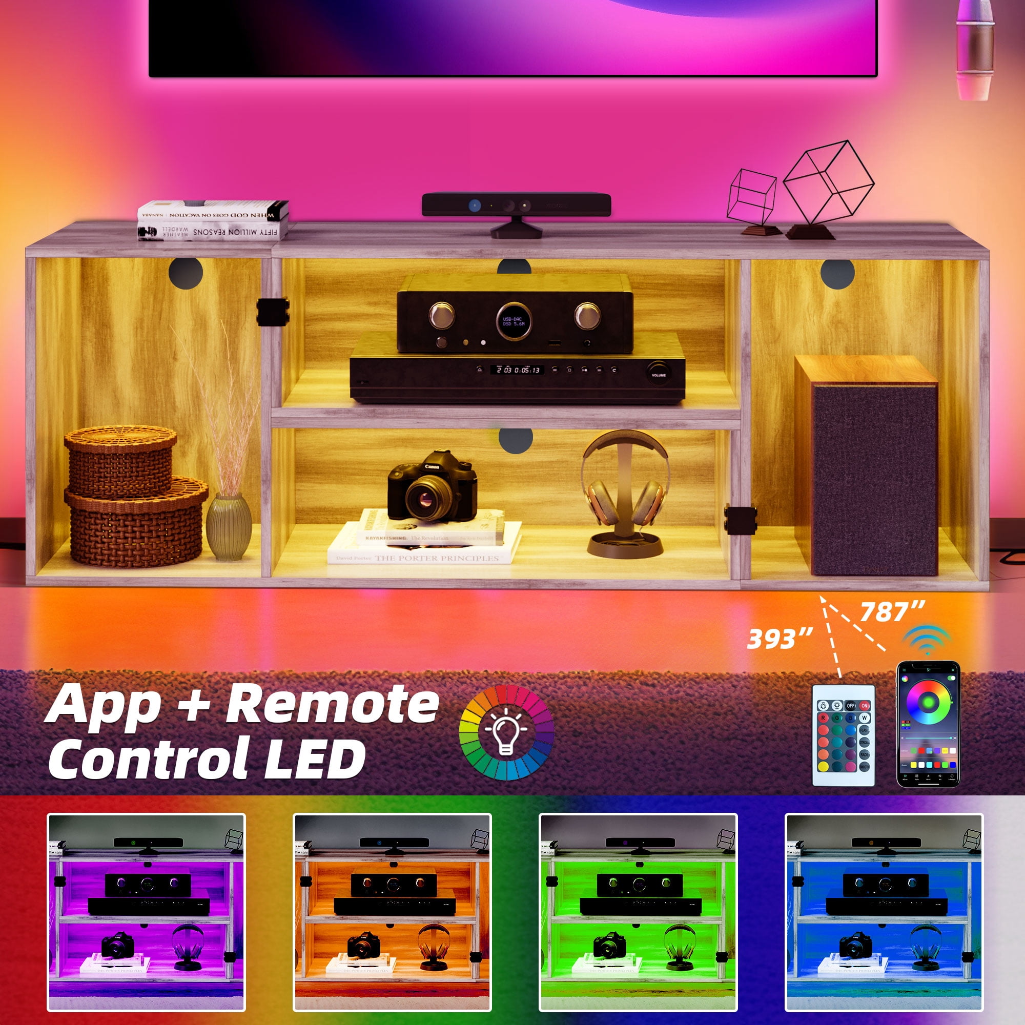 Uforic Oak TV Cabinet, 141×40×48cm, 110V US Plug, 16 Modes, Remote & Bluetooth Control, 15mm Particleboard