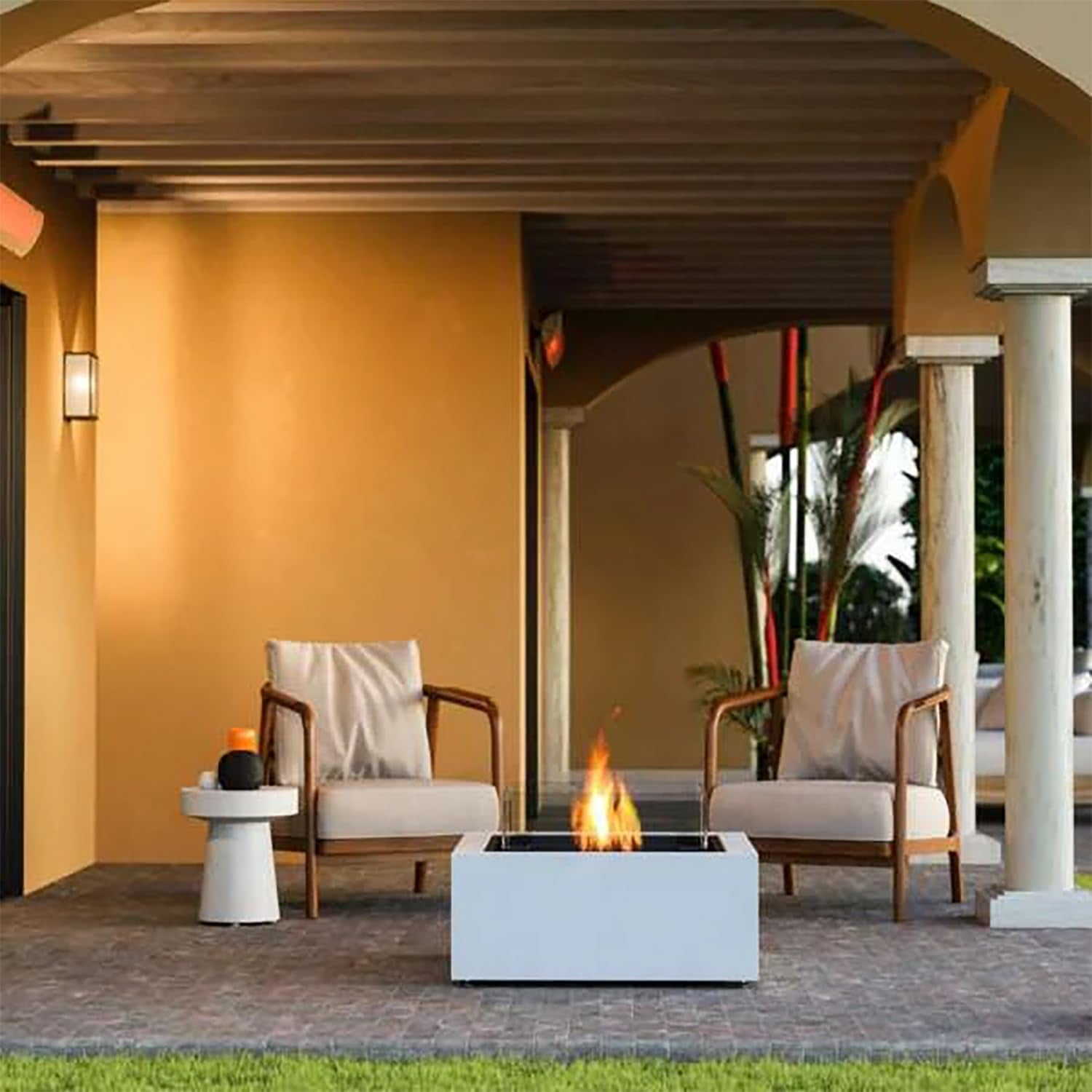 Ecosmart | Base 40 Fire Pit Table | Bone Color | Stainless Steel Gas Burner | Elegant Curved Design with Versatile Wide Lip | Complements Any Decor and Setting
