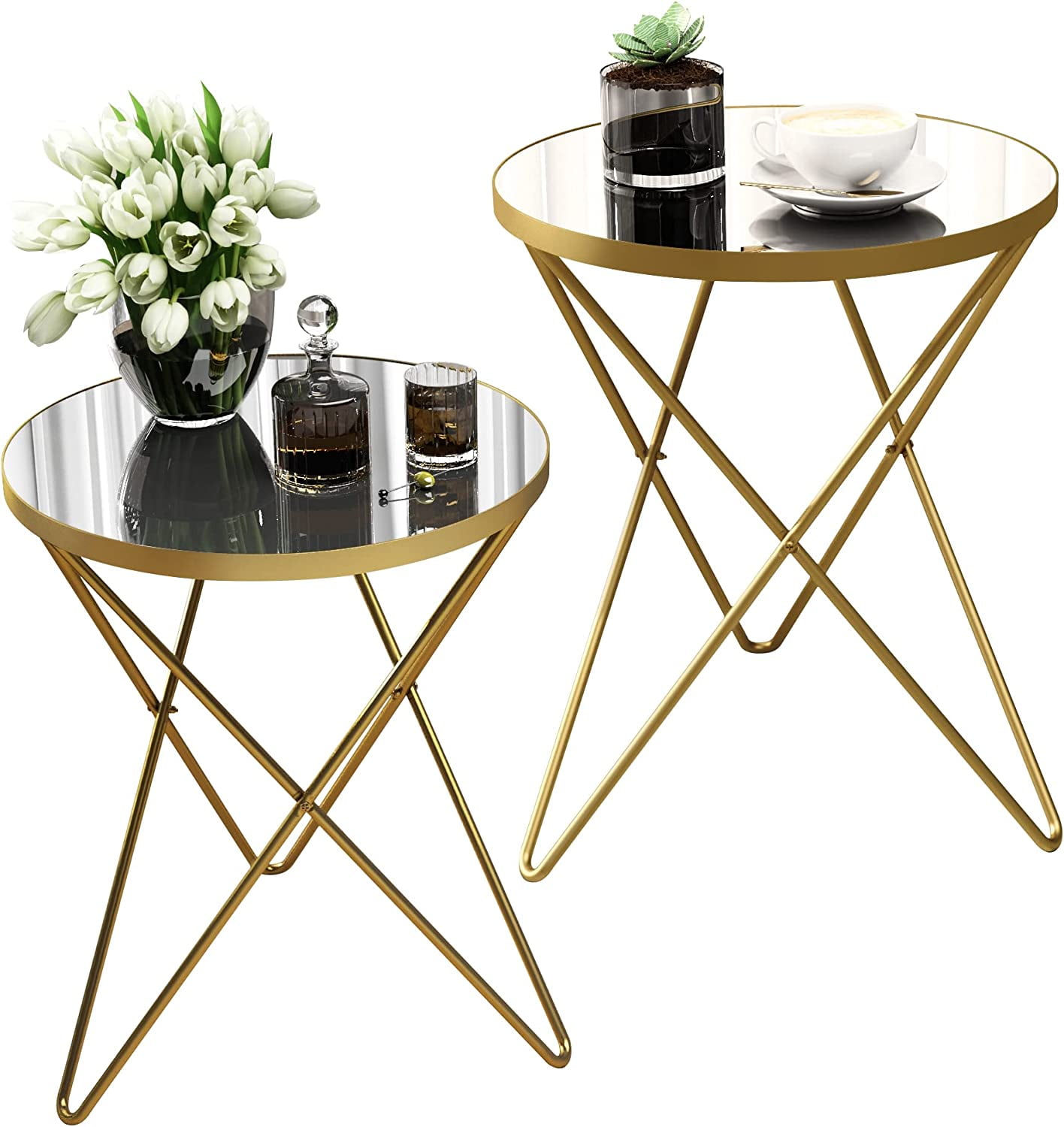 HLR Gold Side Table Set of 2 with Mirror Desktop, Round Side Table with