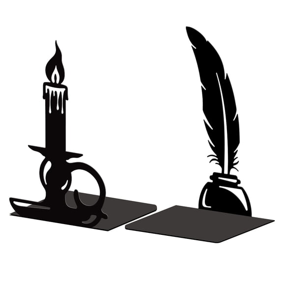 Metal Bookends for Shelves Modern Decorative Heavy Duty Study Book Support Stoppers 5.3"x4.3"x7.9" Cast Iron Tall Bookends (Quill Pen and Candlestick)