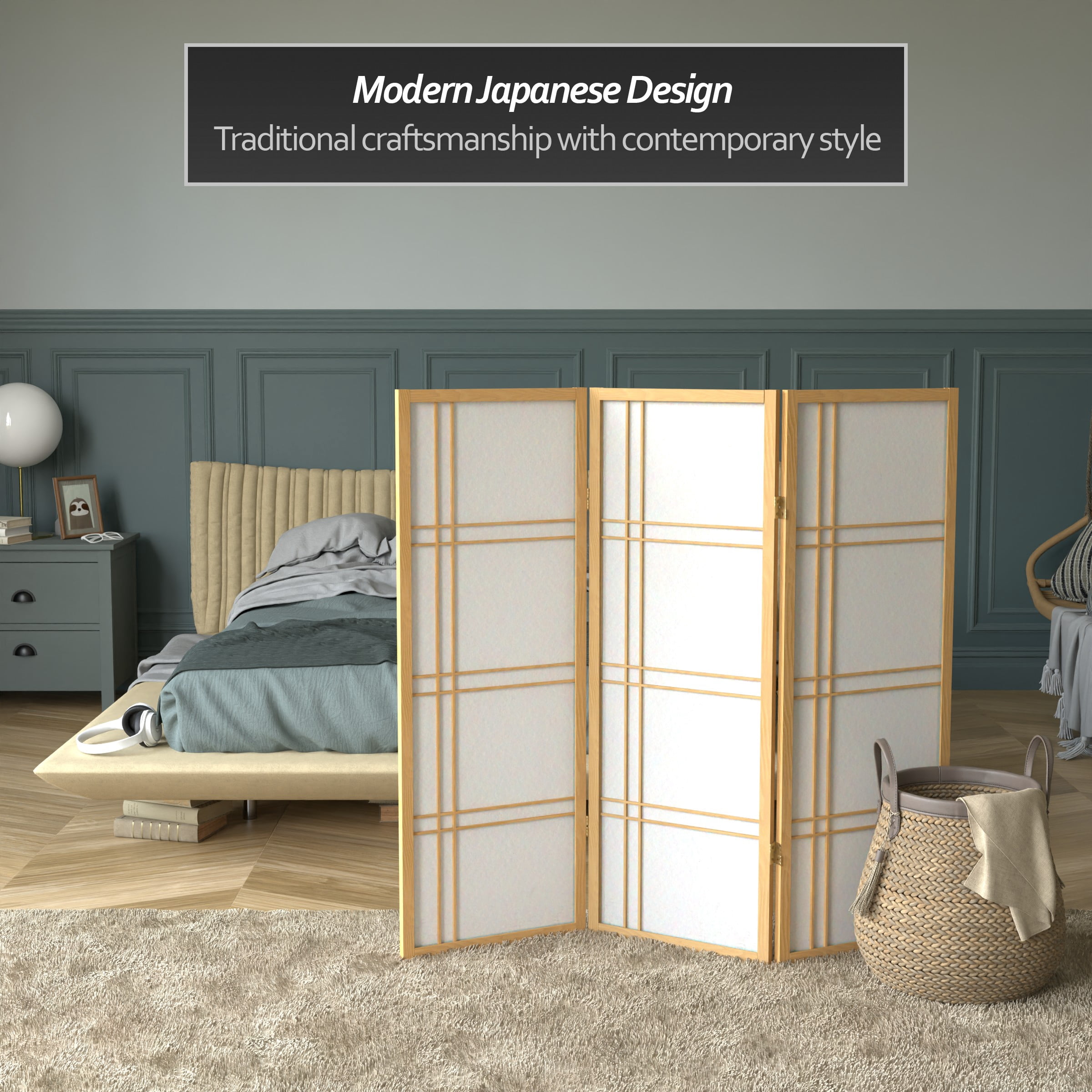 4 ft. Tall Japanese Design Double Cross Lattice Screen - Natural - 3 Panels