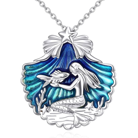 YAFEINI Sterling Silver Mermaid Shell Pendant Necklace - Beach Ocean Jewelry Gift For Women