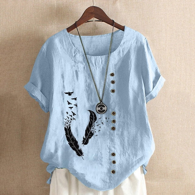 WILLBEST T-Shirt pour Femmes Col Roulé Rétro et en Lin Imprimé Ample à Manches Courtes Chemise Haut pour Dames