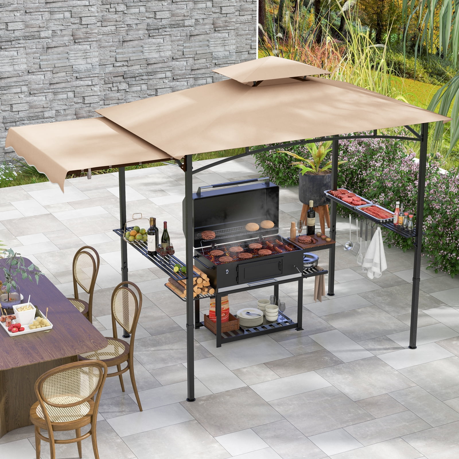 Gymax 11 x 5 FT Grill BBQ Gazebo w/ Side Awning Double-Tiered Top 2 Side Shelves Beige
