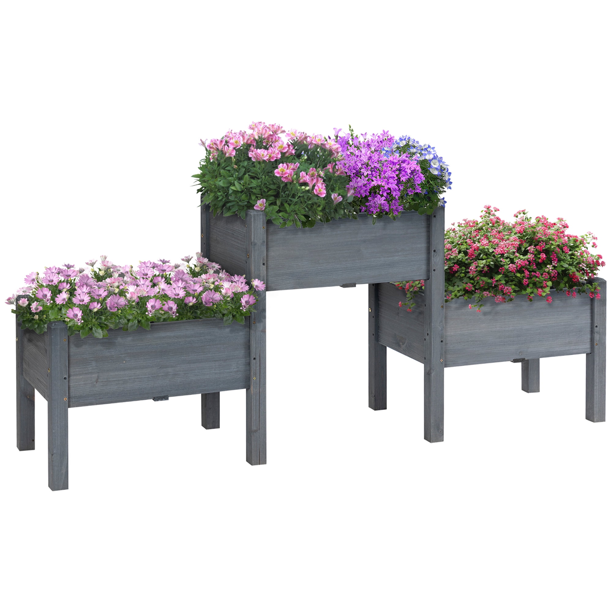 Outsunny 73" x 18" x 32" Raised Garden Bed w/ Three Elevated Planter Box, Freestanding Wooden Plant Stand for Vegetables, Herb, Flowers, Gray
