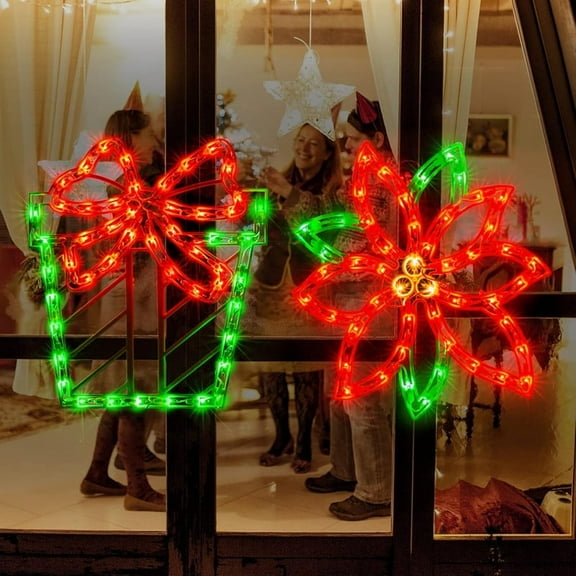 2PACK Lighted Poinsettia Flower and Xmas Gift Christmas Window Silhouette Decoration Lights for Christmas,Party,Home,Patio Lawn,Garden