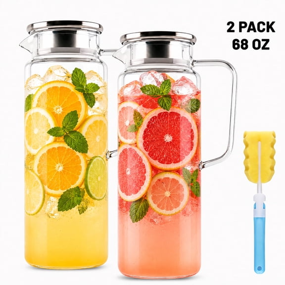 punada 2 Pack 2 Liter 68 oz Glass Pitchers with Lid and Spout, Glass Water Carafe for Hot & Cold Drinks, Large Jug for Iced Tea, Coffee, Juice, Milk, Beverage