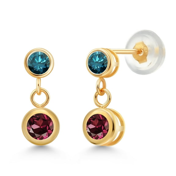Gem Stone King 14k Yellow Gold Red Rhodolite Garnet and Blue Diamond Two Stone Dangle Earrings for Women (0.94 Cttw, Gemstone January Birthstone, Round 4MM, Round 3MM)