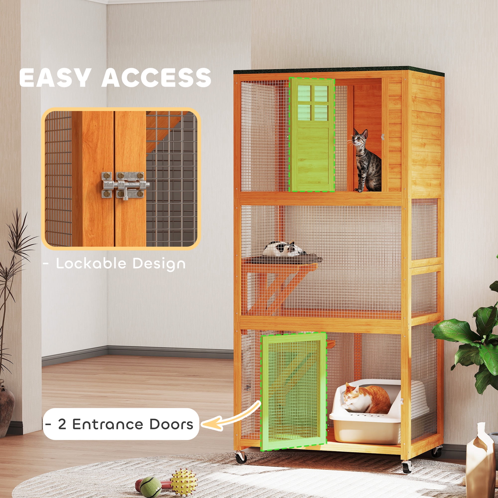 ✴︎Catmobileページ✴︎ PawHut Cat House, Indoor Cat Enclosure on Wheels with Openable Top