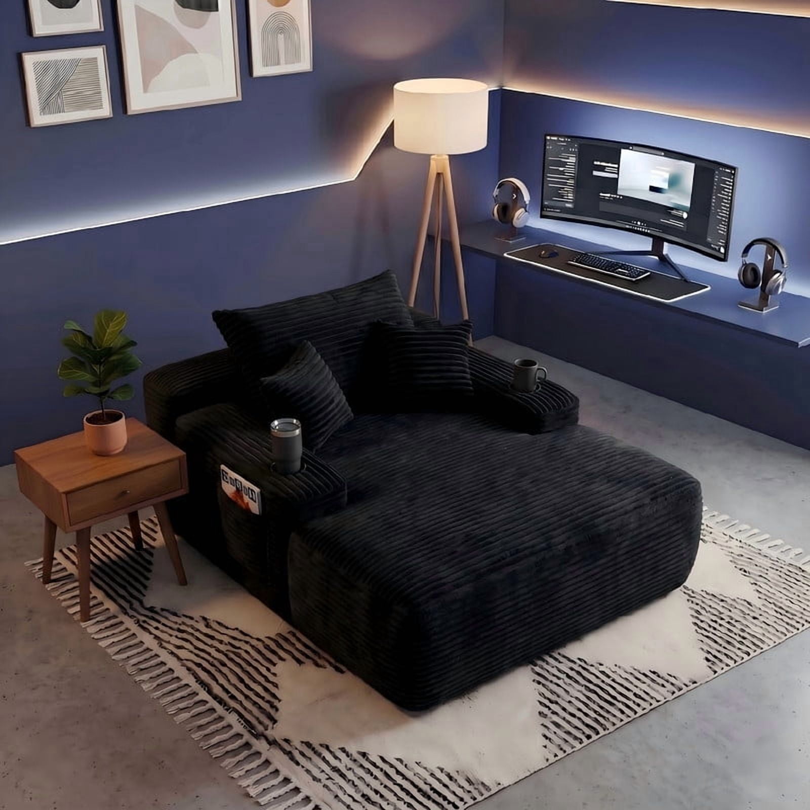Modern Plush Faux Fur Oversized Chaise Lounge Sofa Chair with Deep Seat Memory Foam and Pillows, No Assembly Required for Living Room Bedroom Studio, Black