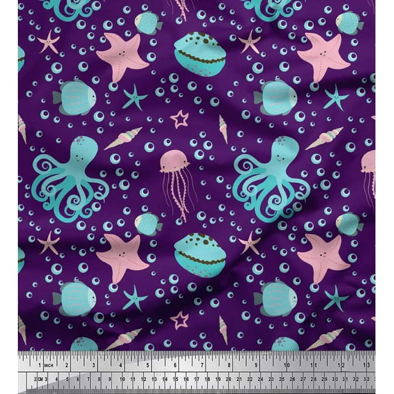 Soimoi Purple Poly Georgette Fabric Jellyfish & Octopus Ocean Printed Fabric 1 Yard 42 Inch Wide