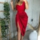 thumbnail image 2 of Falda larga plisada con abertura sexy de color liso para mujer, vestido de noche con un solo hombro, informal, con volantes en el dobladillo., 2 of 5