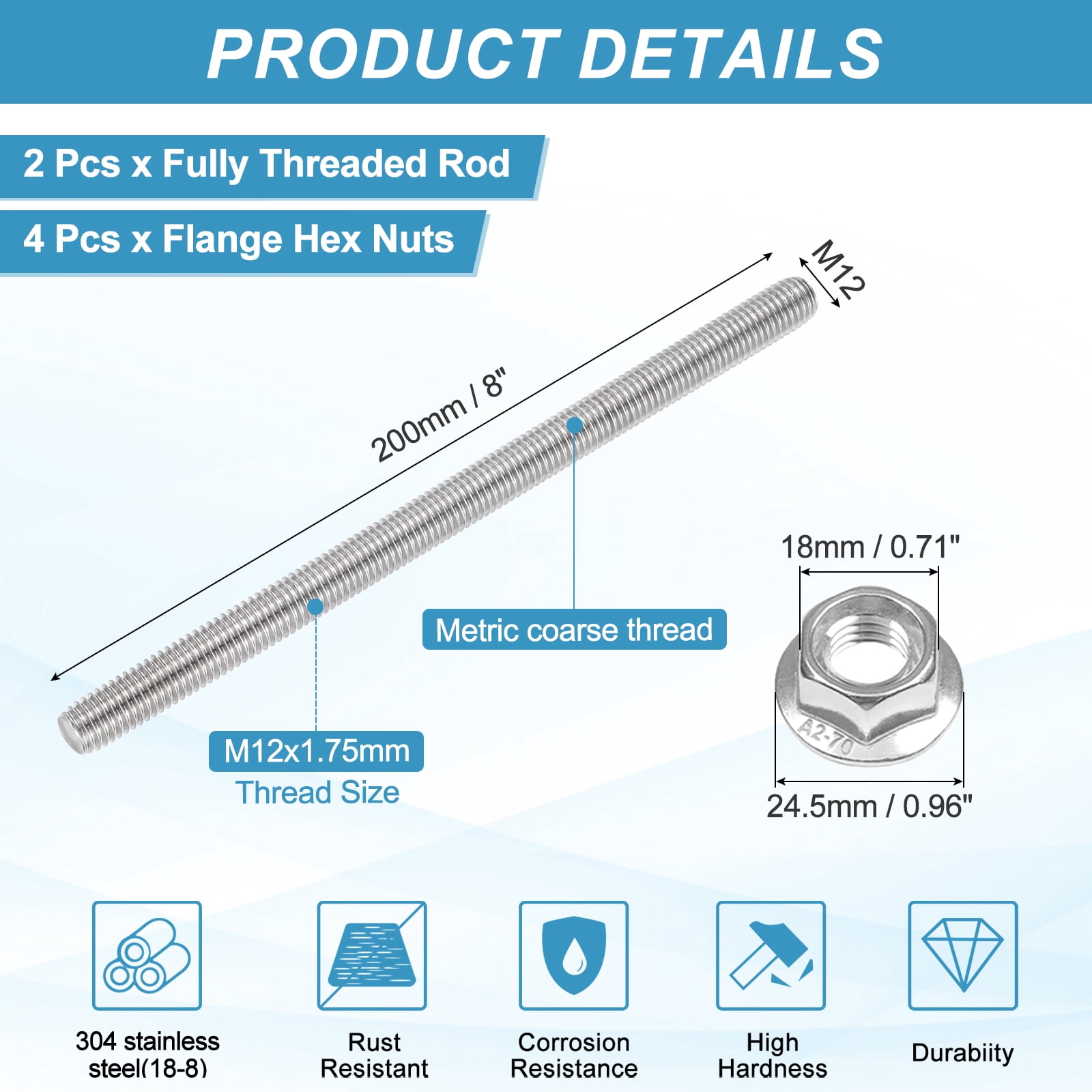 Uxcell 2 Set M12 x 1.75mm Fully Threaded Rods 8 Inch, 304 Stainless Steel All Threaded Rod Metric Right Hand Threads with 4Pcs Flange Hexagon Nut for Clamps Hangers U-Bolt