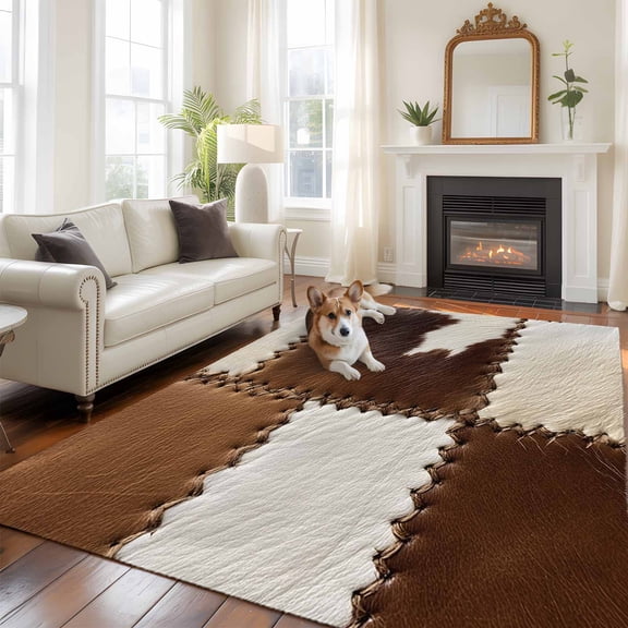 Cow Cowhide 5x8 Rug for Bedroom Under Queen Bed Placement, Abstract Brown Seam Leather Washable Non Slip Large Rectangle Area Rug