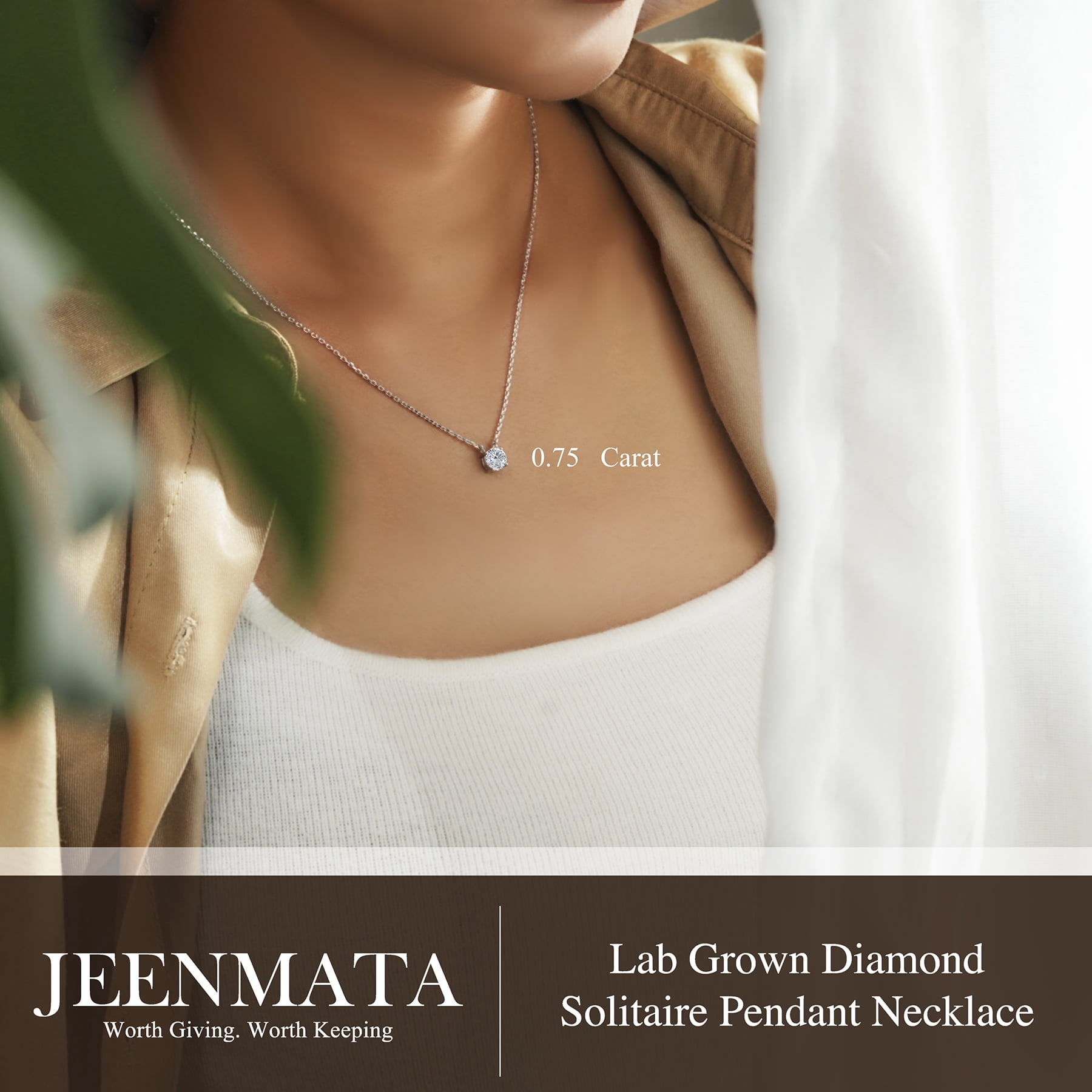 JeenMata Lab Grown Diamond 0.75 Carat Round Cut Classic Solitaire Pendant Necklace - in 18K White Gold Plating for Women