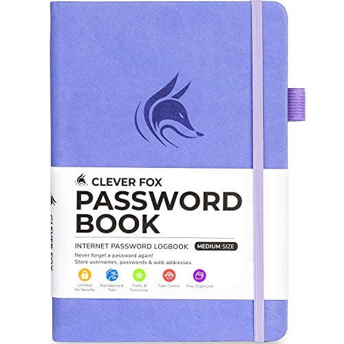 Libro contras Clever Fox c/ pestañas. Org. dir. web y reg. contras c/ pestañas alfabéticas. Libreta med. p/ reg. contras y usuarios (lavanda).